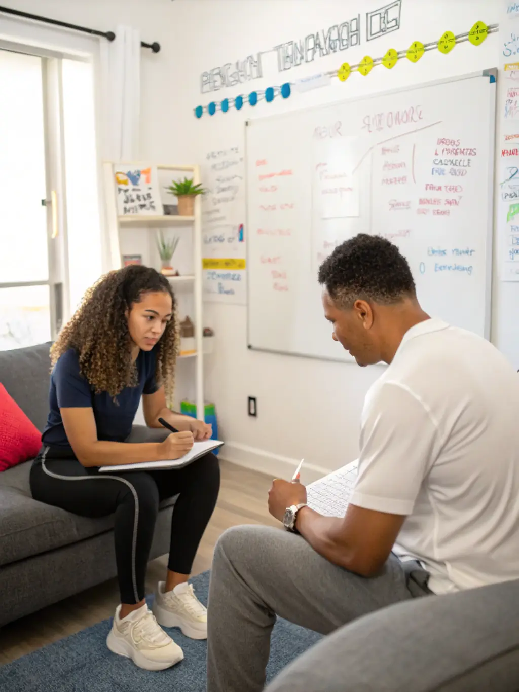 A professional business coach facilitating a workshop on effective communication strategies, emphasizing active listening and clear articulation.