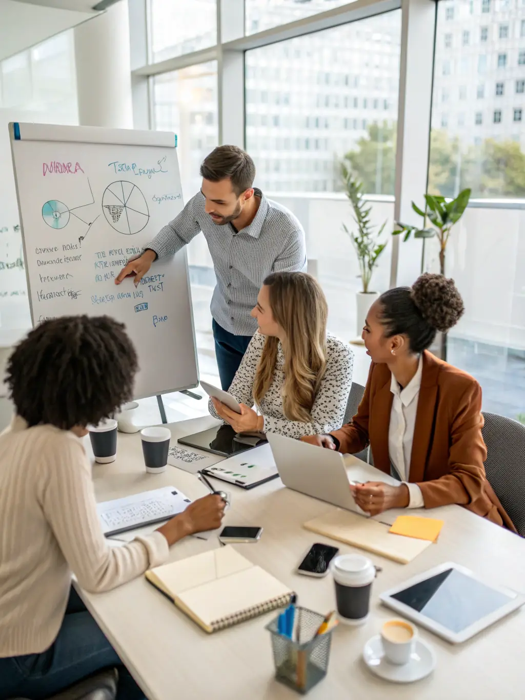 An image of a brainstorming session with sticky notes and creative team members collaborating around a table, representing Innovation Strategy Sessions.