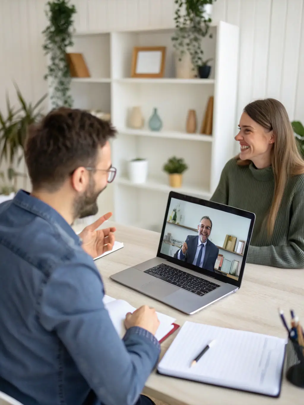 A coach working with a client on improving their communication and presentation skills, using video feedback and role-playing exercises. The setting is a professional training room.