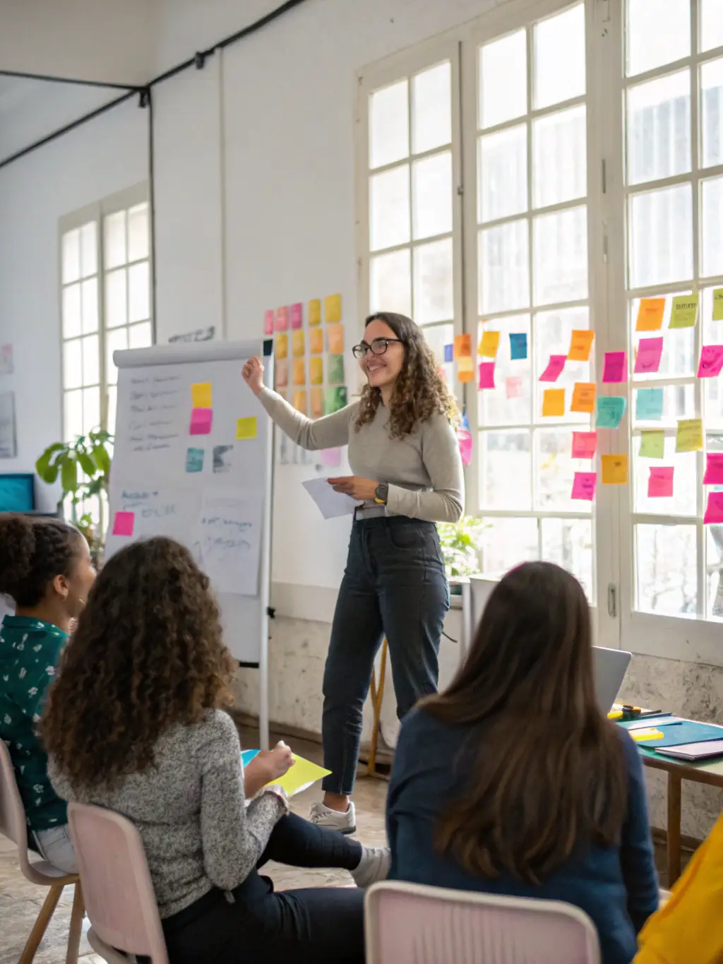 A business coach facilitating a brainstorming session with a diverse team, generating innovative ideas on a whiteboard in a modern office setting. The scene should convey collaboration, creativity, and strategic thinking.